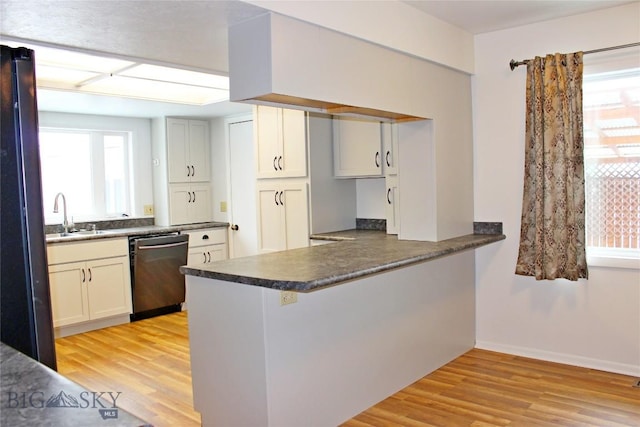 kitchen featuring a sink, light wood finished floors, dishwasher, and a wealth of natural light