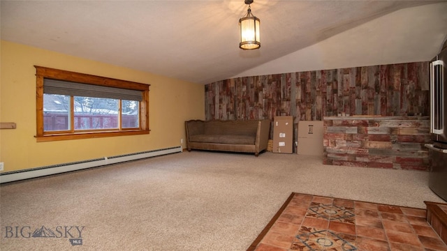 interior space with carpet, lofted ceiling, baseboard heating, and wood walls