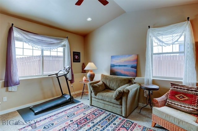 interior space featuring baseboards, lofted ceiling, ceiling fan, carpet, and recessed lighting