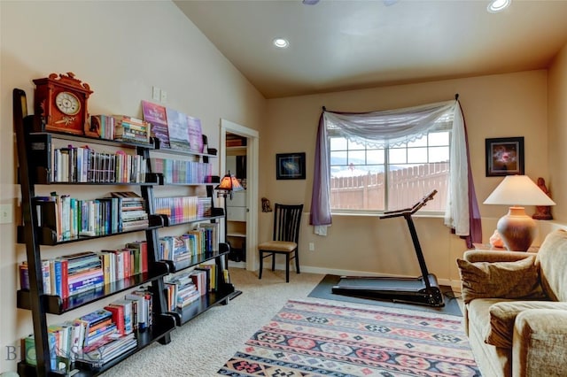 sitting room with recessed lighting, carpet flooring, and baseboards