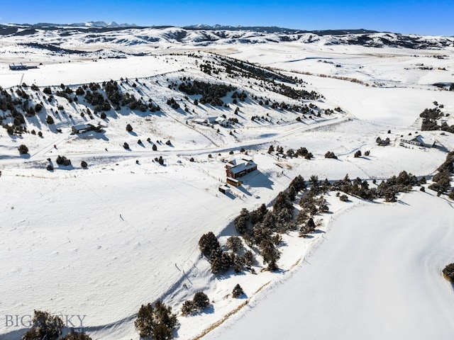 snowy aerial view featuring a mountain view