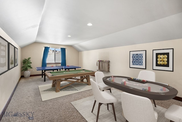 playroom featuring vaulted ceiling, light colored carpet, and pool table