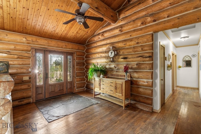 entrance foyer with log walls, dark wood-type flooring, wooden ceiling, and lofted ceiling with beams