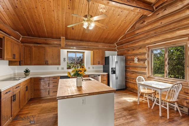 kitchen with butcher block countertops, vaulted ceiling with beams, light hardwood / wood-style flooring, wooden ceiling, and appliances with stainless steel finishes