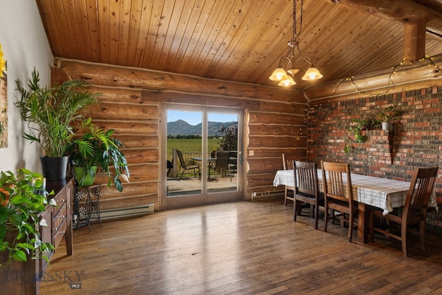 dining area with dark hardwood / wood-style flooring, a mountain view, wooden ceiling, and a chandelier