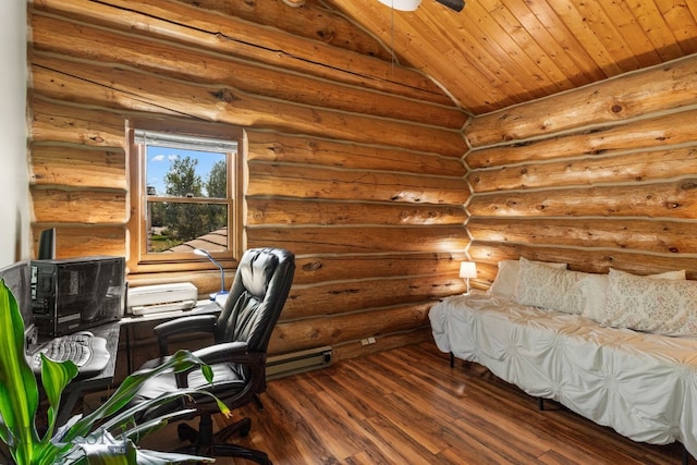 bedroom featuring lofted ceiling, wood ceiling, dark hardwood / wood-style flooring, and rustic walls