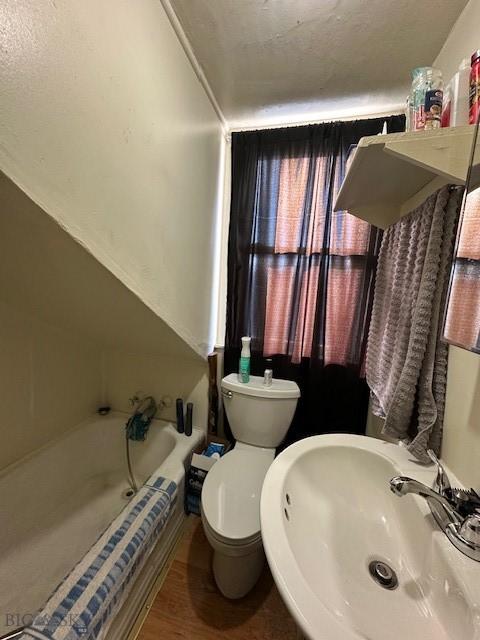 bathroom featuring hardwood / wood-style flooring, toilet, sink, and a bathtub