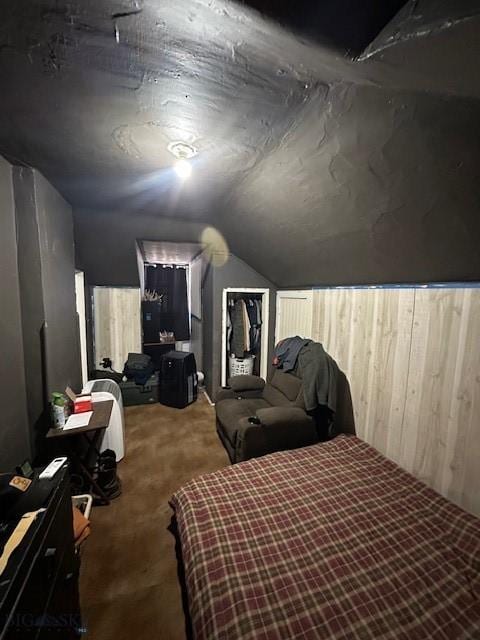 bedroom featuring lofted ceiling