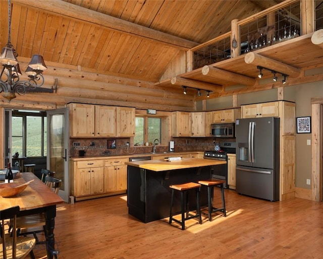 75 Madison Trl, Cameron, MT 59720 - kitchen featuring light brown cabinetry, tasteful backsplash, light hardwood / wood-style floors, stainless steel appliances, and wooden ceiling