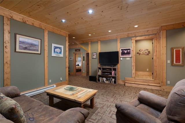 75 Madison Trl, Cameron, MT 59720 - living room with a baseboard heating unit, wooden ceiling, and carpet flooring