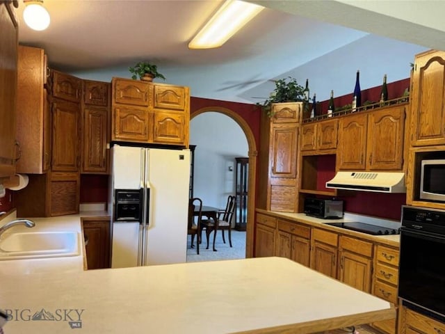 kitchen with sink, carpet, and black appliances