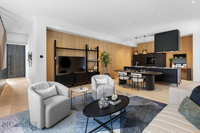 living room with sink, light hardwood / wood-style floors, and wood walls