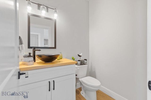 bathroom with vanity, hardwood / wood-style flooring, and toilet