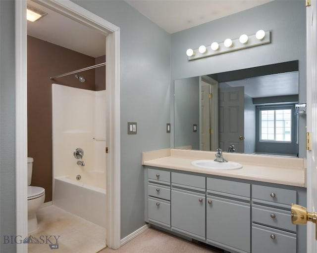 full bathroom featuring tile patterned flooring, vanity, shower / bathtub combination, and toilet