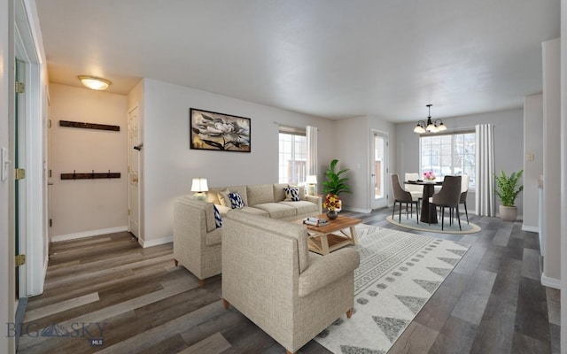 living room featuring a chandelier, dark hardwood / wood-style floors, and a healthy amount of sunlight