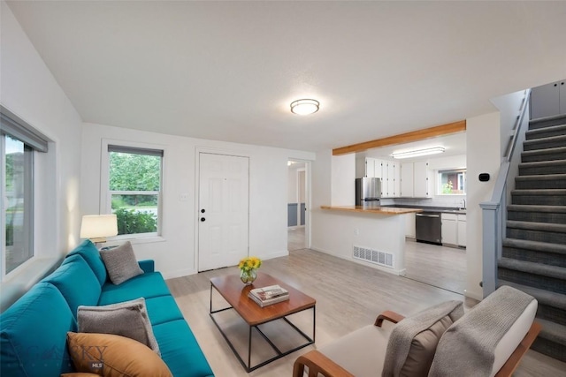 living room featuring sink and light hardwood / wood-style floors