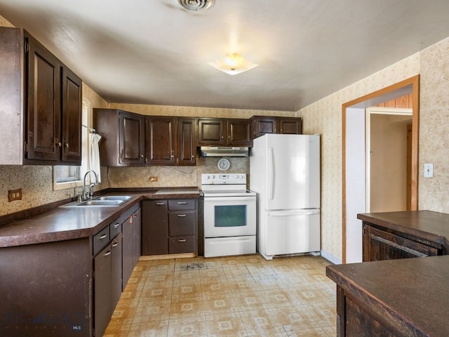 509 E Railroad N, Manhattan, MT 59741 - kitchen with white appliances, a sink, dark countertops, dark brown cabinetry, and wallpapered walls