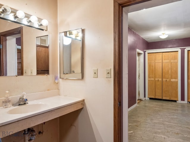 bathroom featuring wood-type flooring and sink