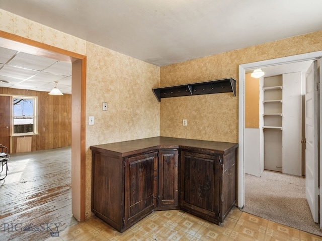 509 E Railroad N, Manhattan, MT 59741 - kitchen with dark brown cabinets, dark countertops, and wood walls