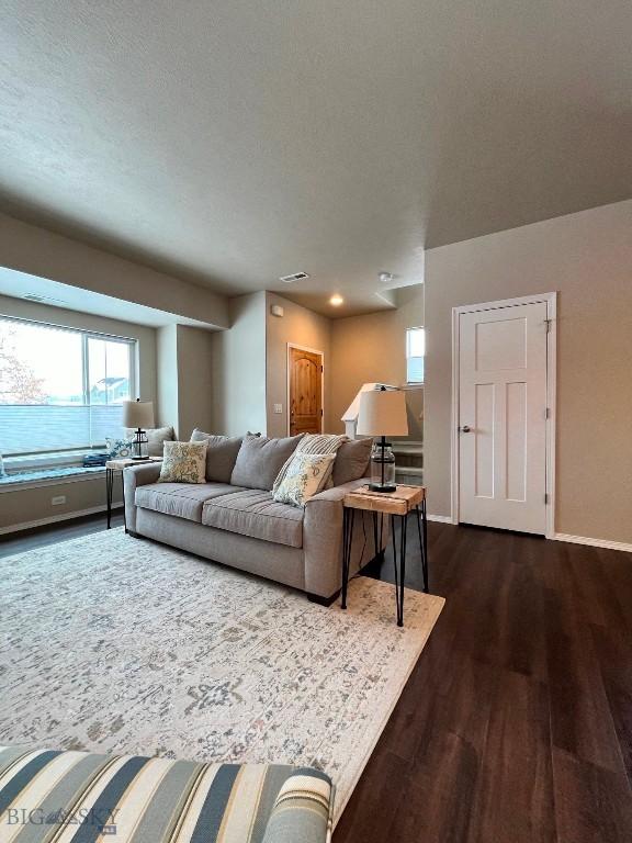 living room featuring dark hardwood / wood-style flooring and a textured ceiling