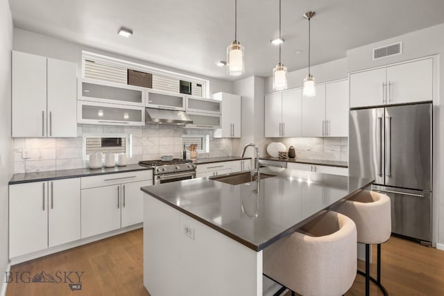 kitchen with white cabinetry, sink, and premium appliances