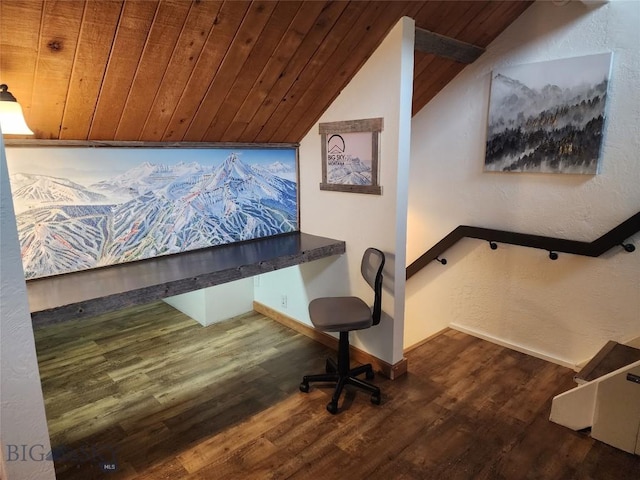 office area featuring vaulted ceiling, dark wood-type flooring, and wooden ceiling