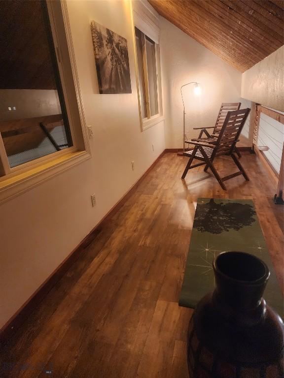 hallway with wood ceiling, lofted ceiling, and wood-type flooring