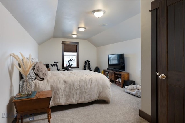 carpeted bedroom featuring vaulted ceiling