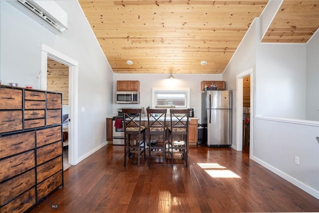 dining area with dark hardwood / wood-style flooring, vaulted ceiling, and wooden ceiling