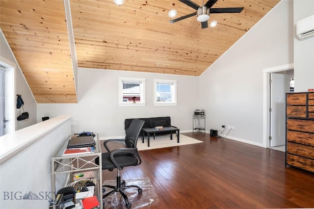 office with a wall mounted air conditioner, high vaulted ceiling, dark hardwood / wood-style flooring, ceiling fan, and wood ceiling