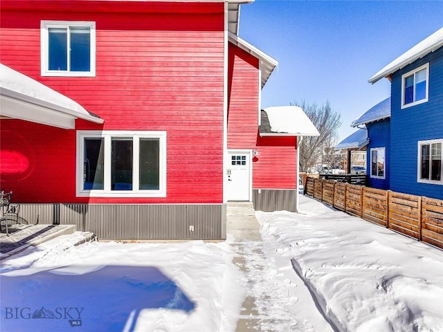 view of snow covered exterior