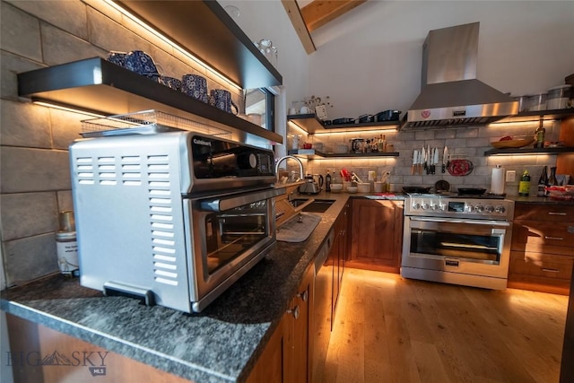 kitchen featuring sink, stainless steel appliances, range hood, hardwood / wood-style floors, and decorative backsplash