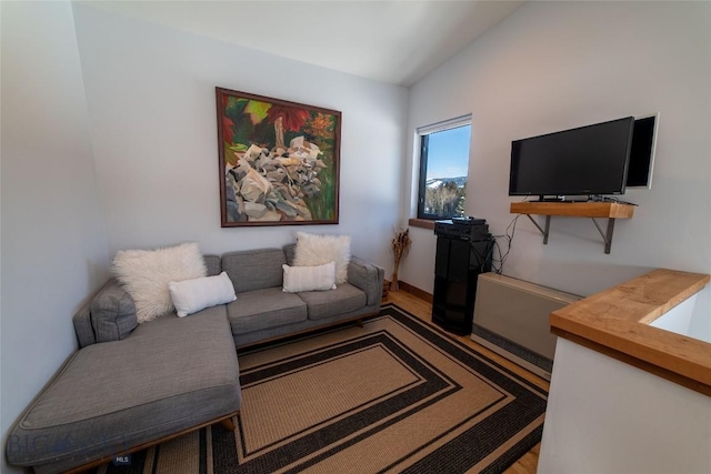 living room featuring lofted ceiling