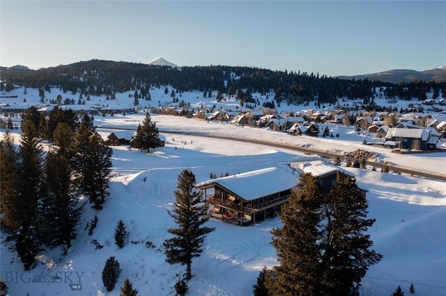 snowy aerial view featuring a mountain view