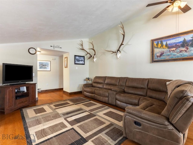 10 Fan Mountain Ct, Ennis, MT 59729 - living room with ceiling fan, wood finished floors, and lofted ceiling