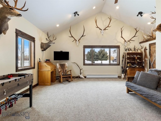 10 Fan Mountain Ct, Ennis, MT 59729 - interior space with carpet floors, baseboard heating, vaulted ceiling, and recessed lighting