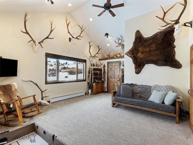 10 Fan Mountain Ct, Ennis, MT 59729 - living area featuring ceiling fan, baseboard heating, high vaulted ceiling, carpet, and recessed lighting