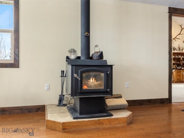 10 Fan Mountain Ct, Ennis, MT 59729 - details featuring baseboards, a wood stove, and wood finished floors