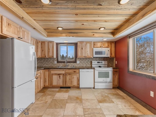 10 Fan Mountain Ct, Ennis, MT 59729 - kitchen with a raised ceiling, light brown cabinetry, white appliances, and wooden ceiling