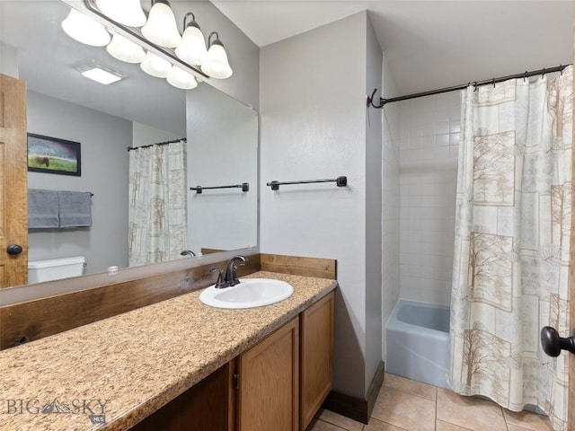10 Fan Mountain Ct, Ennis, MT 59729 - bathroom featuring toilet, shower / tub combo with curtain, tile patterned flooring, and vanity
