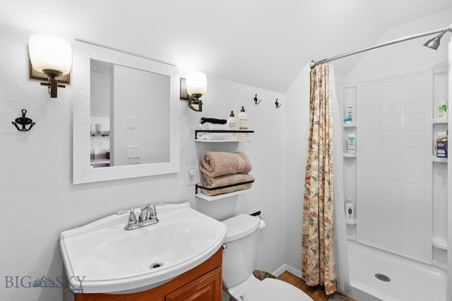 bathroom featuring vanity, vaulted ceiling, toilet, and walk in shower