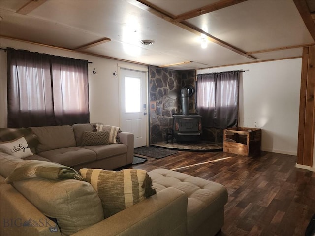 living room with a wood stove and wood-type flooring