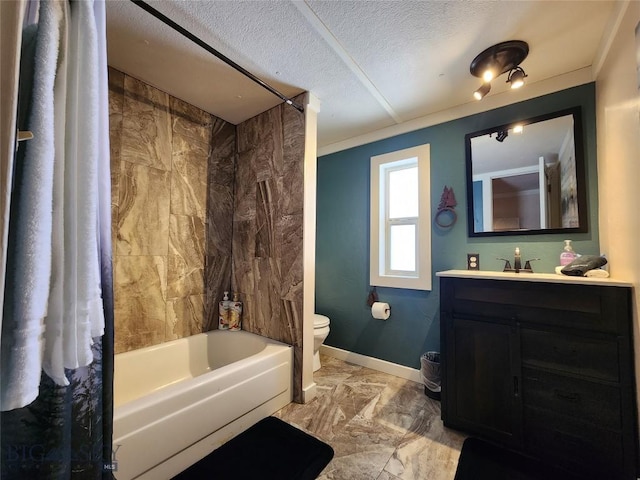 full bathroom featuring toilet, vanity, a textured ceiling, and shower / tub combo