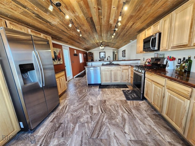 kitchen with light brown cabinetry, stainless steel appliances, wooden ceiling, sink, and kitchen peninsula