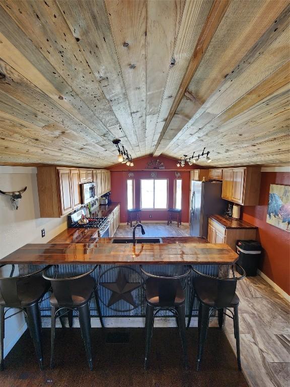 kitchen with stainless steel appliances, butcher block counters, wood ceiling, and kitchen peninsula