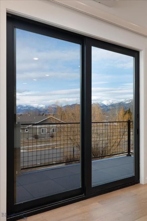 doorway with wood-type flooring, a mountain view, and a healthy amount of sunlight