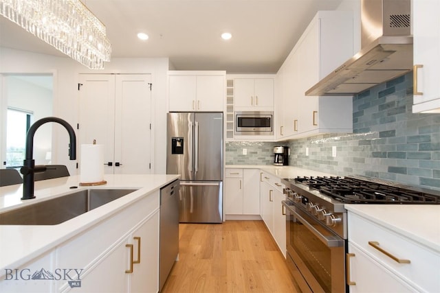 kitchen with white cabinets, wall chimney exhaust hood, sink, and premium appliances