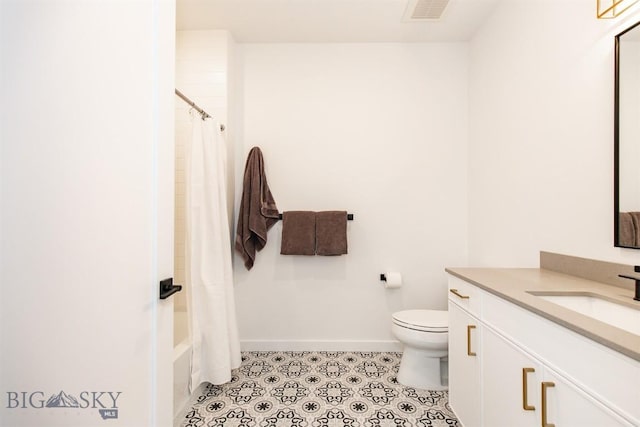 full bathroom featuring tile patterned flooring, vanity, shower / bathtub combination with curtain, and toilet