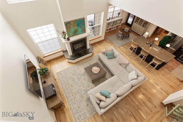 living room with sink, hardwood / wood-style floors, a high ceiling, and a premium fireplace