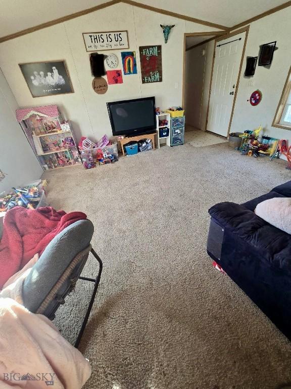 carpeted living room with lofted ceiling